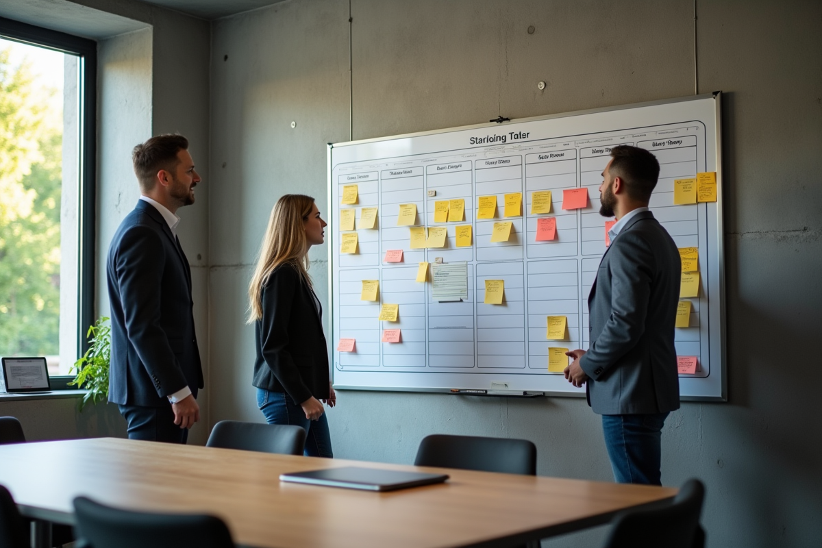 Groupe de collègues organisant un planning avec notes colorées