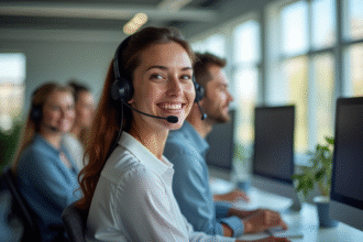 Equipe diverse de conseillers client dans un centre d'appel lumineux