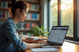Étudiant à un bureau moderne travaillant sur un ordinateur portable