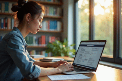 Étudiant à un bureau moderne travaillant sur un ordinateur portable