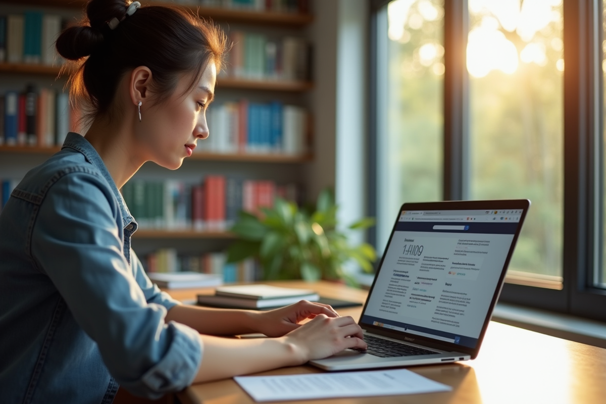 Étudiant à un bureau moderne travaillant sur un ordinateur portable