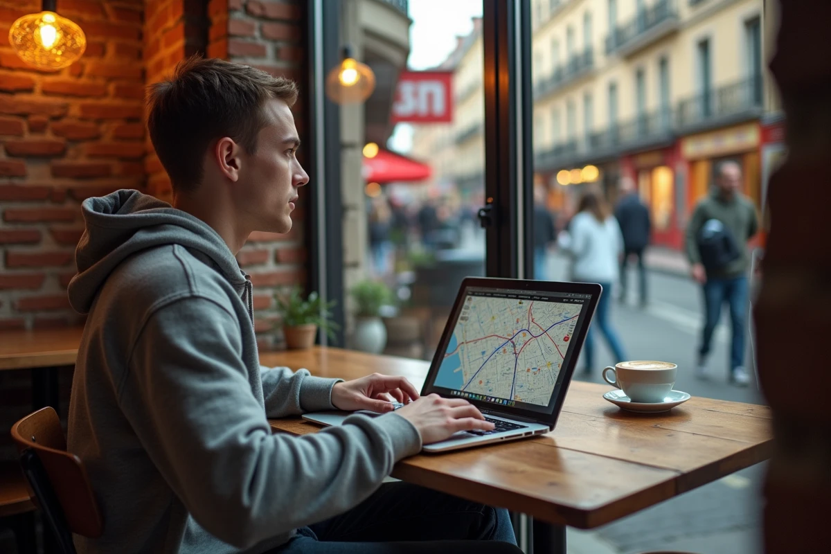 Étudiant planifiant ses trajets en métro à Toulouse depuis un café du centre-ville