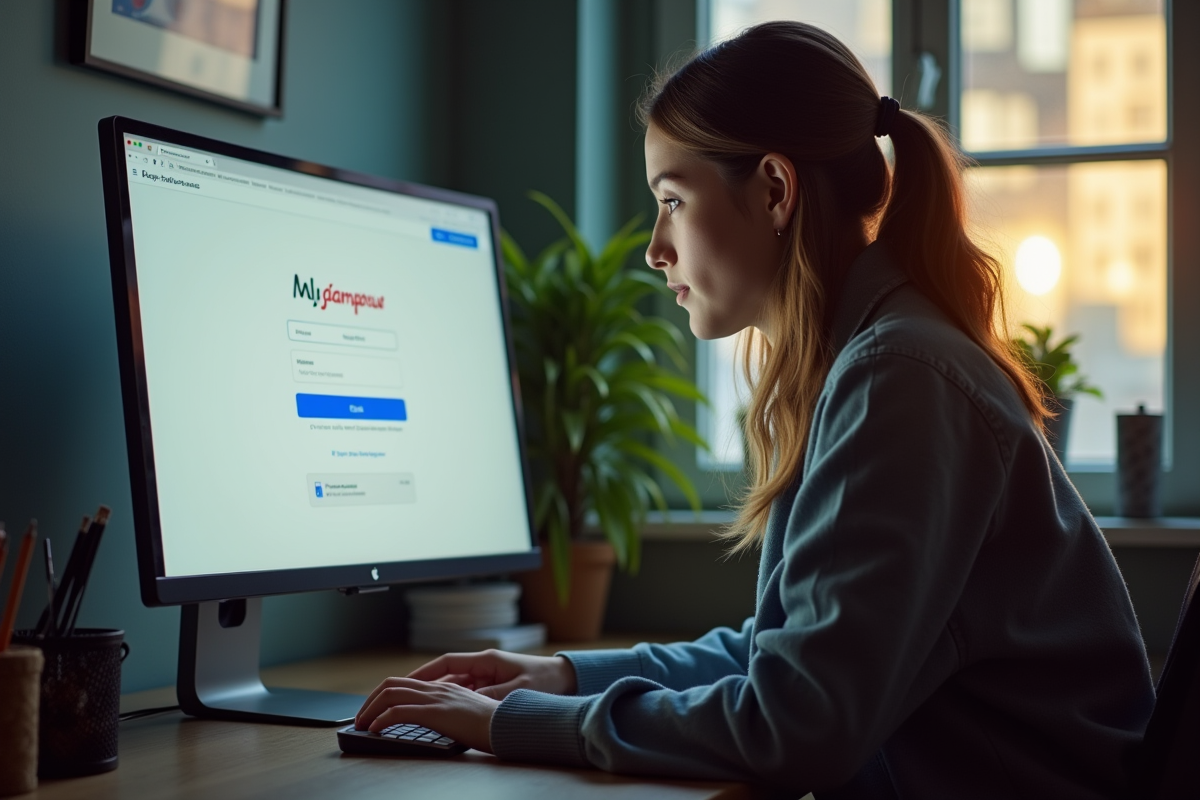 Étudiant à la maison devant un écran affichant une page de connexion