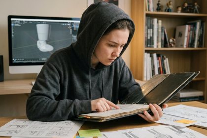 Étudiante en animation 3D préparant son dossier d'admission avec des croquis de personnages et un logiciel de modélisation 3D en arrière-plan
