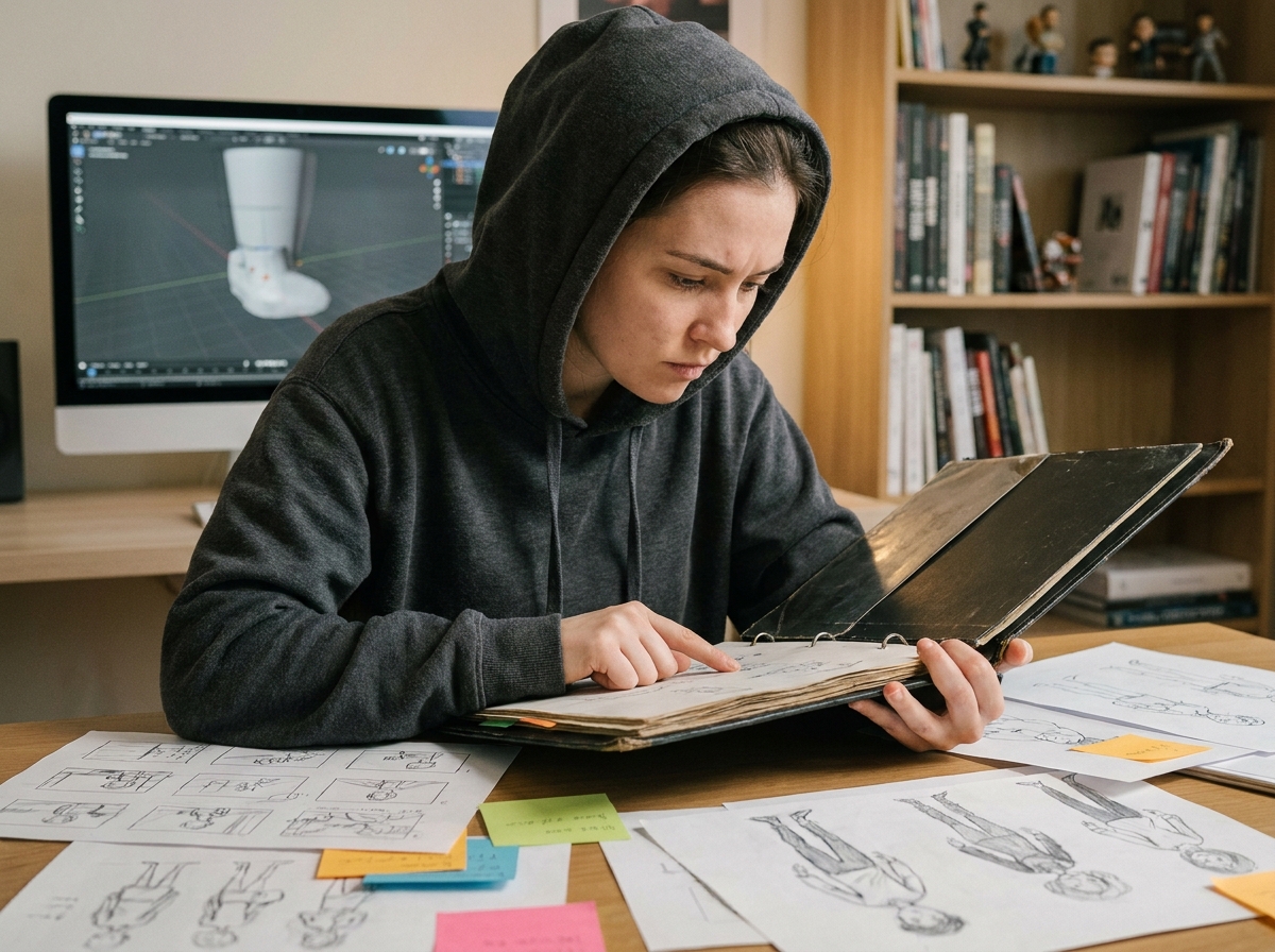 Étudiante en animation 3D préparant son dossier d'admission avec des croquis de personnages et un logiciel de modélisation 3D en arrière-plan