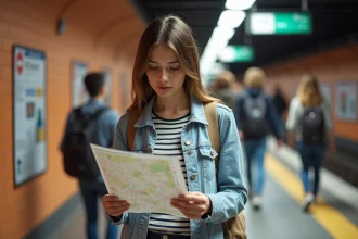 Étudiante consultant un plan du métro Toulouse sur le quai d'une station moderne