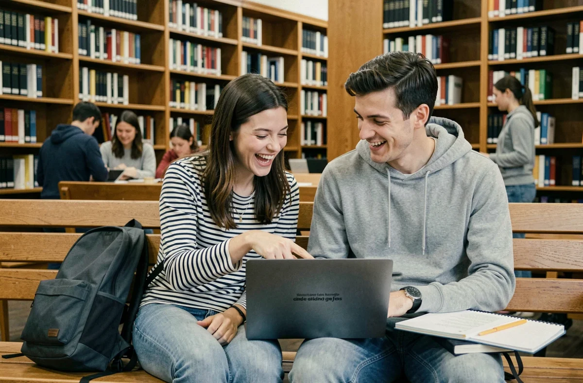 Deux jeunes adultes riant ensemble devant un article de langue française sur un ordinateur portable dans une bibliothèque universitaire