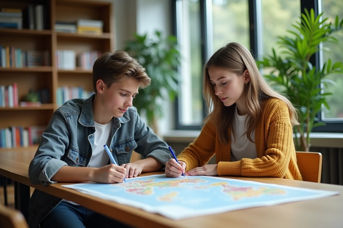 Deux lycéens étudiant une carte dans la bibliothèque