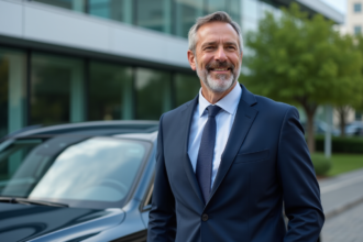 Homme d'affaires en costume bleu à côté d'une voiture de luxe