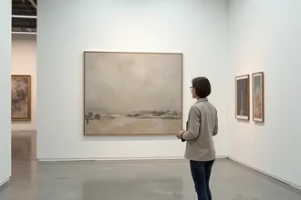 Femme contemplant une grande peinture abstraite dans une galerie d'art de Lyon