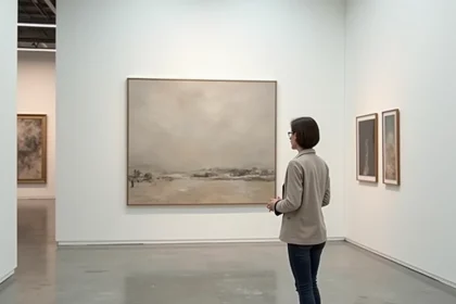 Femme contemplant une grande peinture abstraite dans une galerie d'art de Lyon