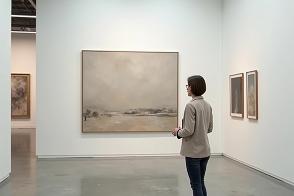 Femme contemplant une grande peinture abstraite dans une galerie d'art de Lyon