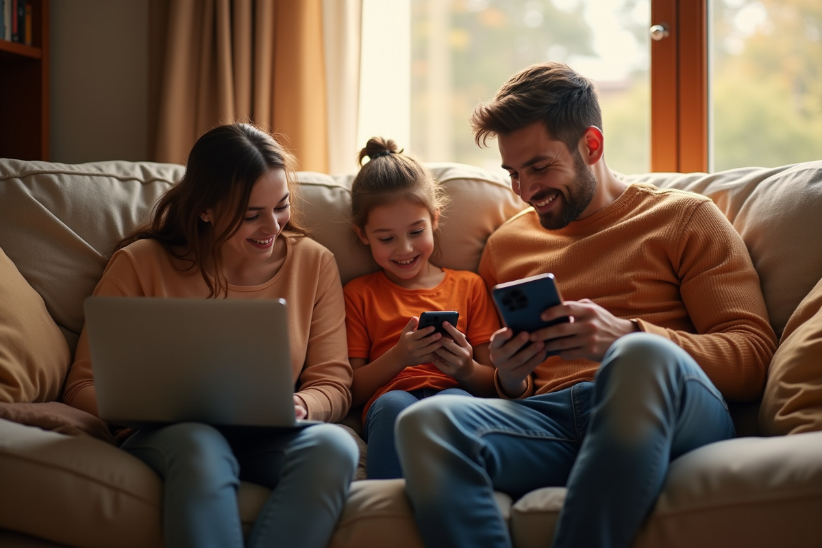 Famille sur canapé utilisant différents appareils avec interface Orange