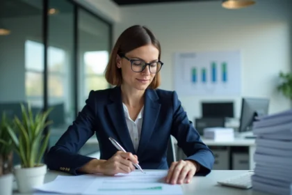 Femme d affaires en costume bleu dans un bureau moderne