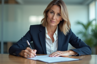 Femme d affaires signant un document dans un bureau moderne