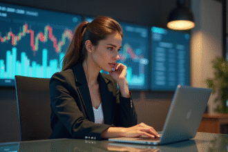 Femme concentrée analysant des métriques blockchain sur un laptop