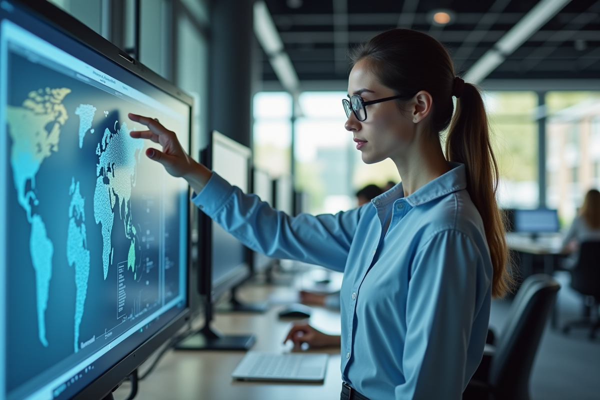 Femme pointant une carte numérique dans un espace de travail moderne