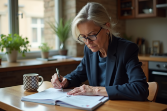 Femme française relisant des documents financiers à la maison