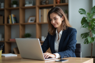 Femme d'âge moyen utilisant son ordinateur à la maison