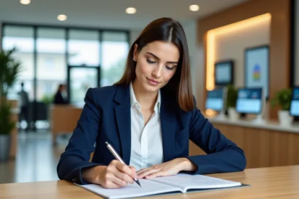 Femme en blazer bleu dans une banque moderne