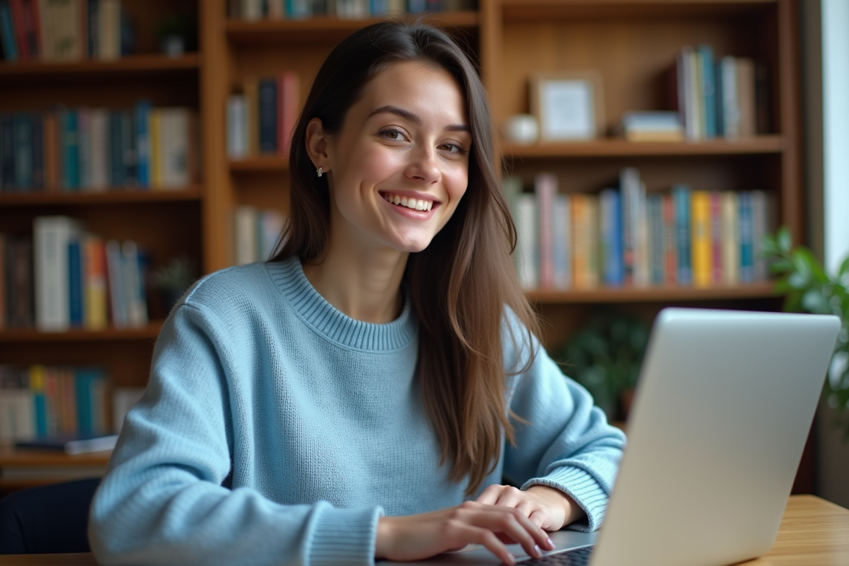 Jeune femme souriante travaillant sur un ordinateur dans un bureau chaleureux