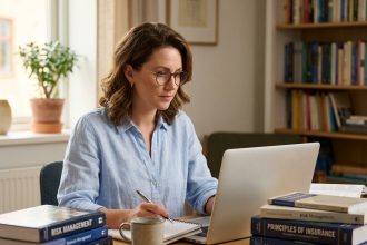 Femme concentrée à son bureau avec ordinateur et livres d'assurance