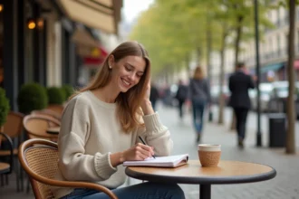 Jeune femme souriante écrivant au café parisien