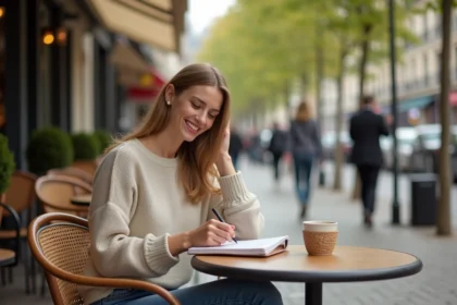 Jeune femme souriante écrivant au café parisien