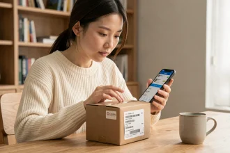 Jeune femme examinant un colis AliExpress avec étiquette China Post et application de suivi de livraison sur smartphone