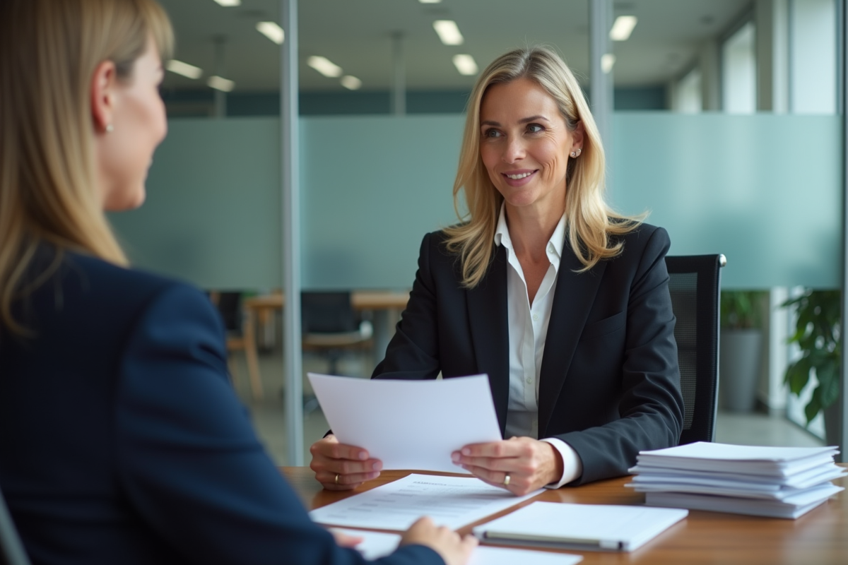 Femme en rendez-vous bancaire examinant un dossier de prêt
