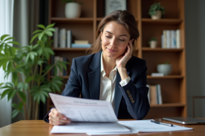 Femme d'âge moyen dans un bureau moderne regardant un contrat hypothécaire