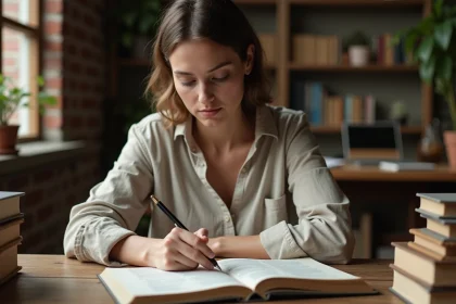 Femme cherchant un mot qui rime en i dans un dictionnaire ouvert sur un bureau en bois avec des notes manuscrites