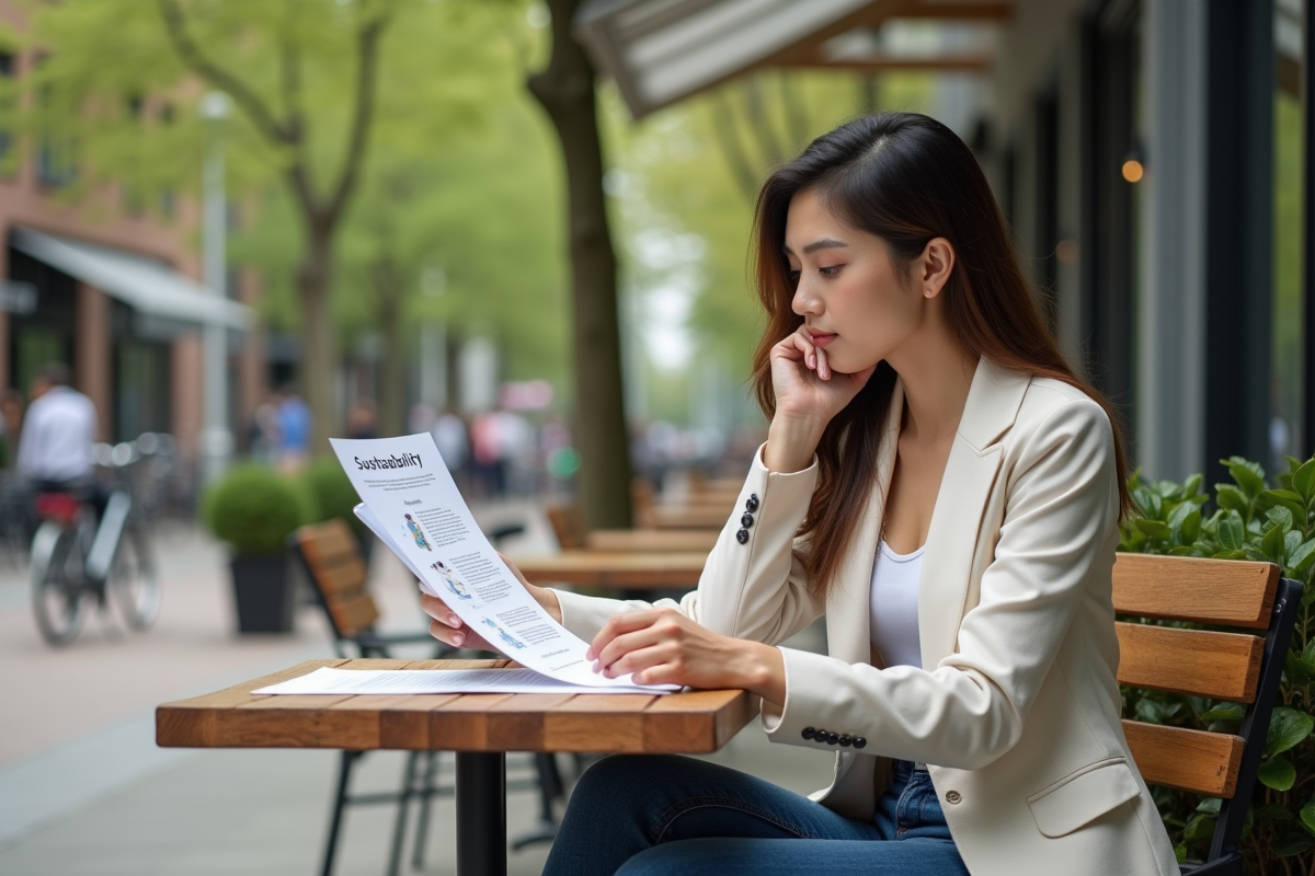Jeune femme analysant un rapport sur la durabilite en cafe