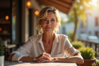 Femme élégante au café avec maquillage naturel