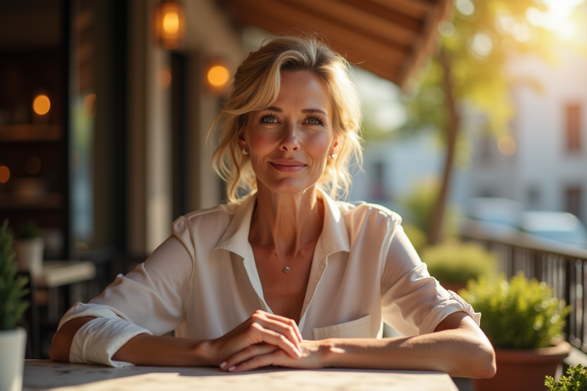 Femme élégante au café avec maquillage naturel