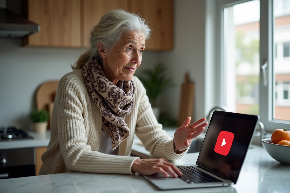 Femme âgée expliquant le logo Dvgb XOILUTUGHIUZ devant son ordinateur