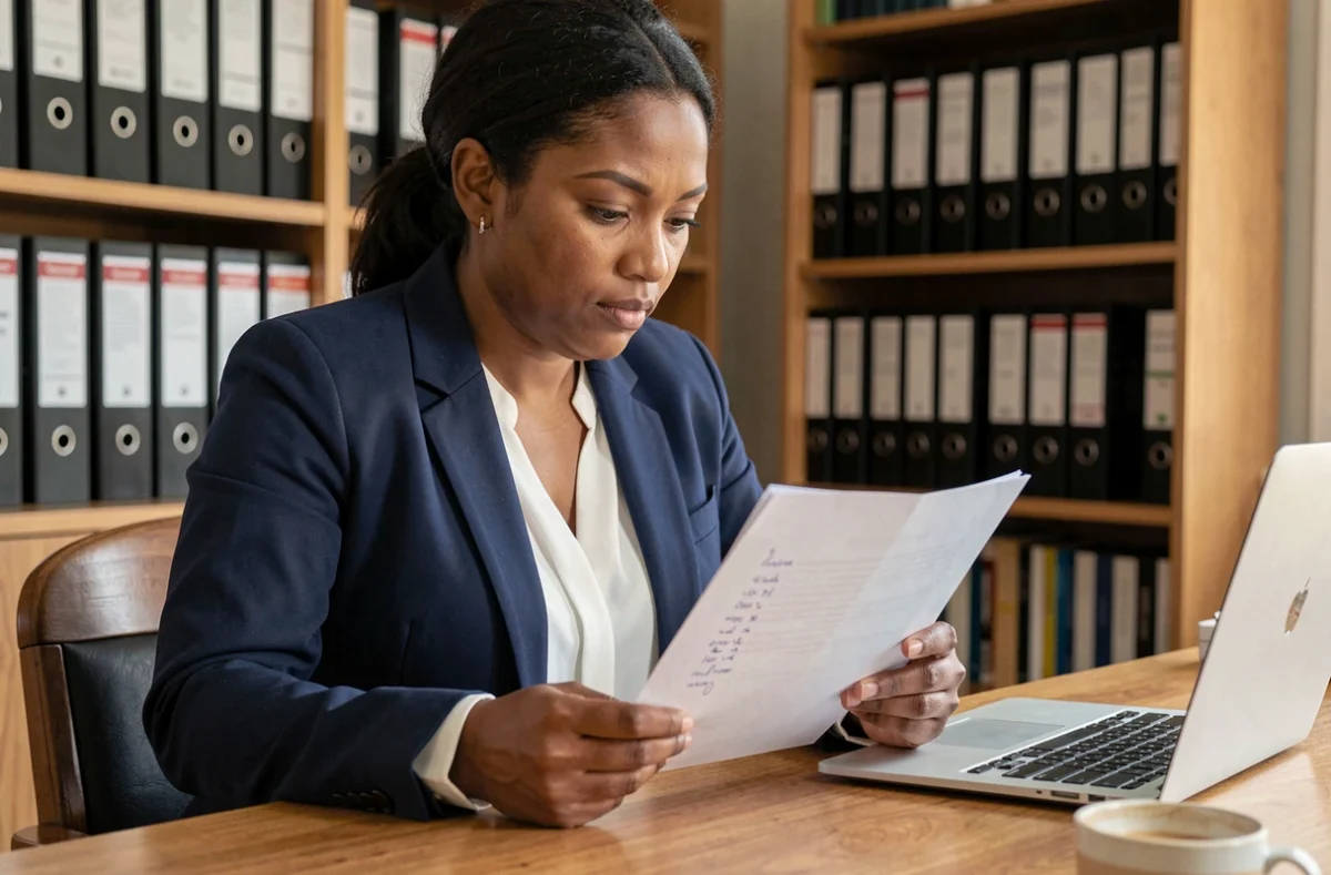 Femme étudiant un document de questions-réponses pour un entretien de naturalisation française à son bureau