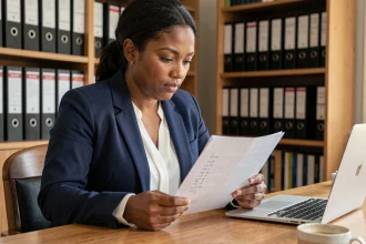 Femme étudiant un document de questions-réponses pour un entretien de naturalisation française à son bureau