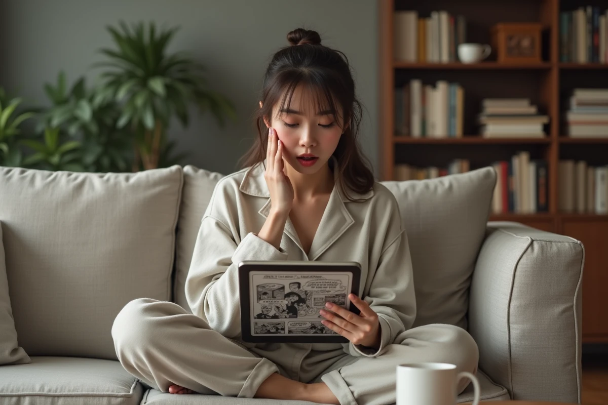 Jeune femme fan de One Piece stupéfaite en lisant le chapitre 1138 sur sa tablette dans son salon