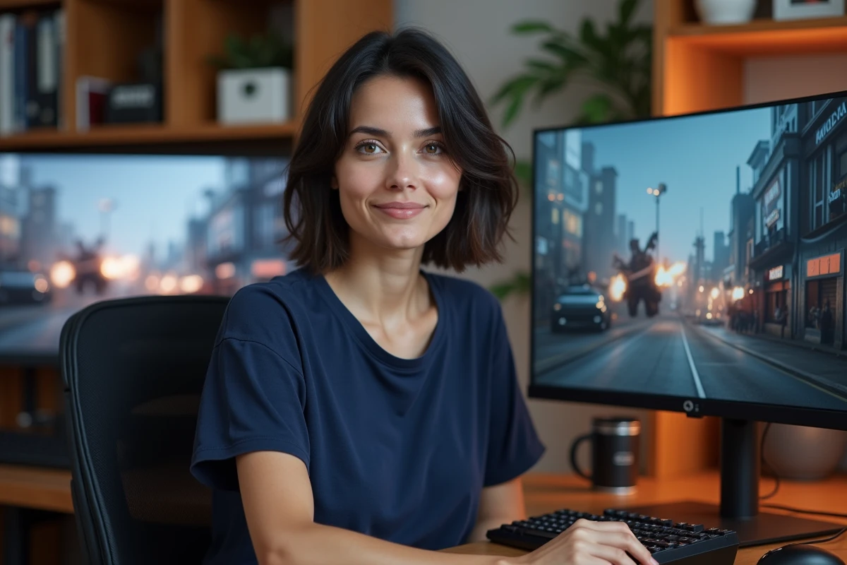 Femme jouant à Battlefield 6 sur PC gamer à son bureau, après avoir profité d'une promotion vente flash chez Leclerc
