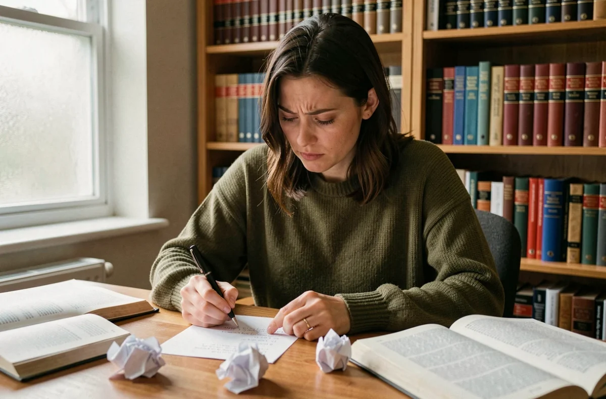 Femme relisant une note manuscrite entourée de livres de grammaire, illustrant la confusion entre profites-en et profites en bien