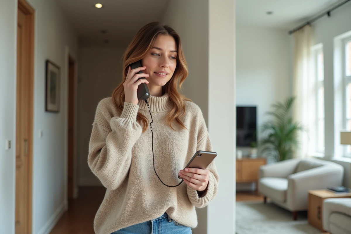 Jeune femme vérifie un message vocal dans le couloir