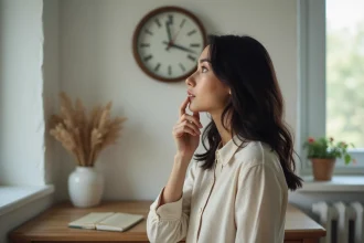 Femme contemplant une horloge affichant 13h31, symbolisant l'heure miroir et l'évolution personnelle guidée par les anges