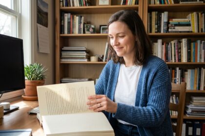 Femme assise à son bureau avec des pages imprimées