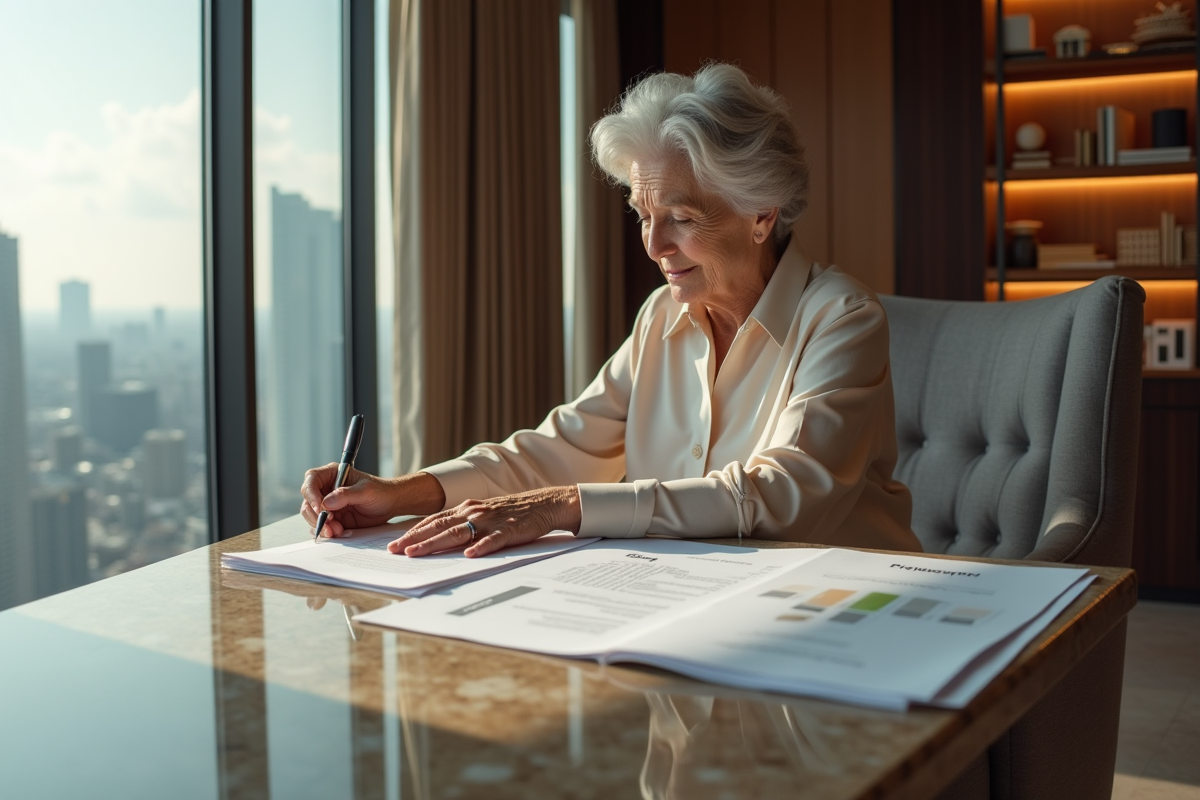 Femme âgée examinant des documents immobiliers dans un bureau élégant