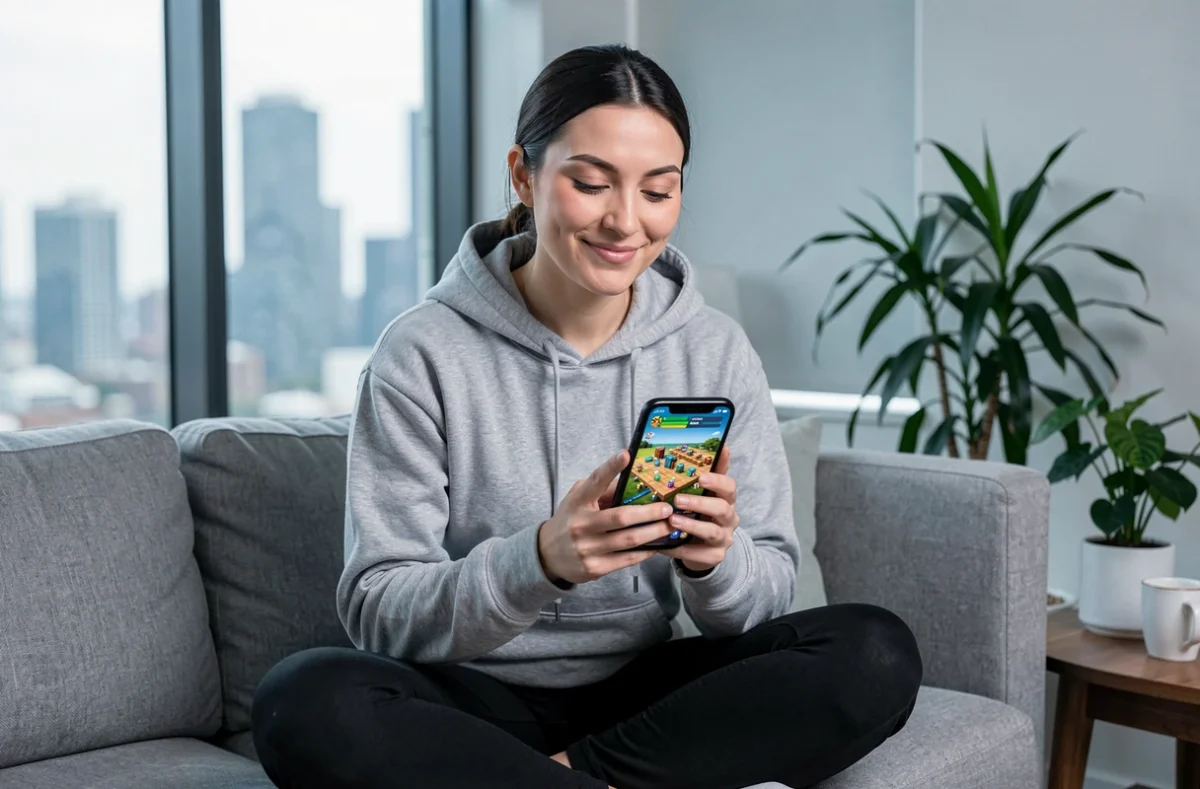 Femme souriante jouant à un jeu mobile type Monopoly GO sur smartphone dans un salon moderne