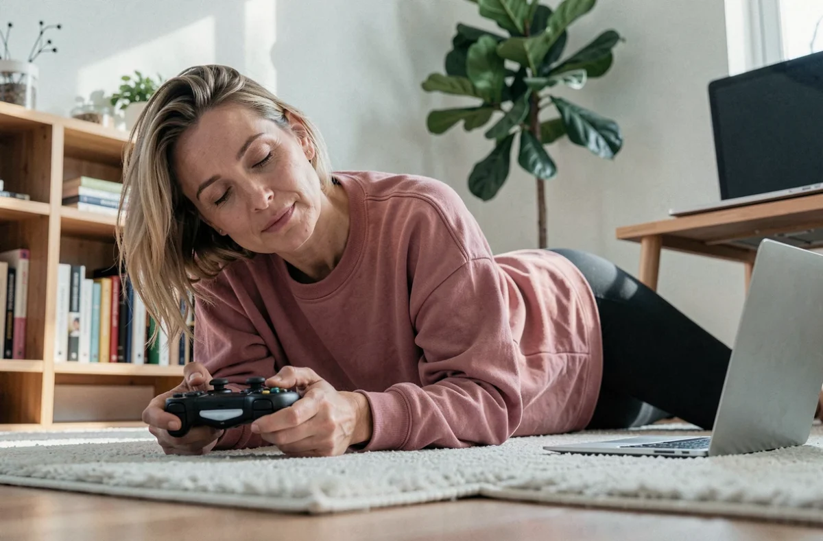 Femme adulte allongée sur un tapis de salon tenant une manette de jeu vidéo dans une atmosphère de détente et d'apaisement