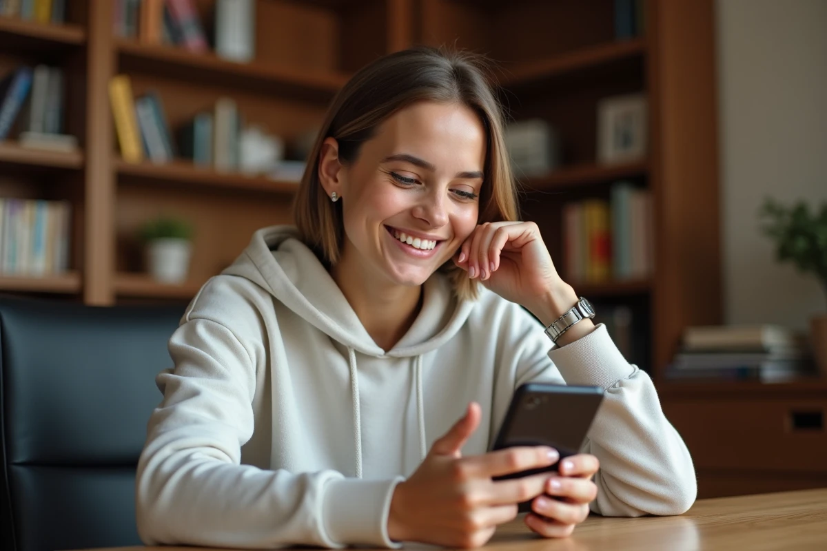 Jeune femme jouant à Monopoly Go sur son smartphone avec des dés virtuels et des bonus gratuits du jour
