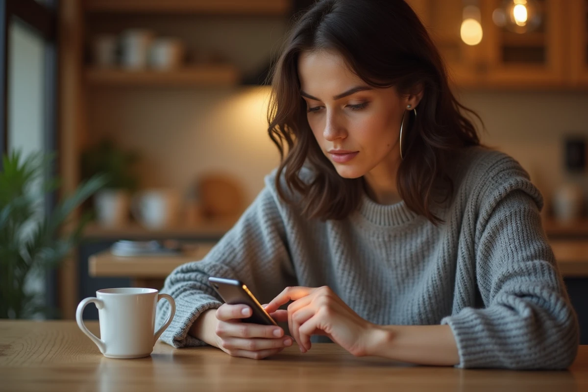 Femme jouant à 4 images 1 mot sur smartphone avec puzzle de 9 lettres
