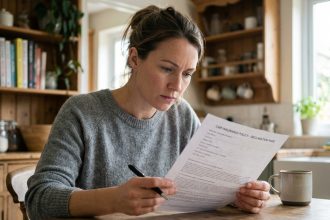 Femme lisant attentivement son contrat d'assurance auto à la maison pour éviter les mauvaises surprises